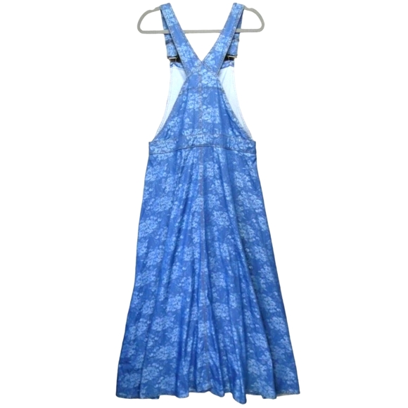 Bib Overalls Skirt Dress Maxi Blue Denim Floral - Picture 2 of 11